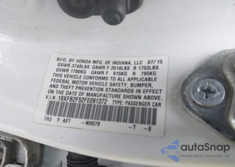 2015 Honda Civic Lx z USA, uszkodzony, nr VIN 19XFB2F52FE091372